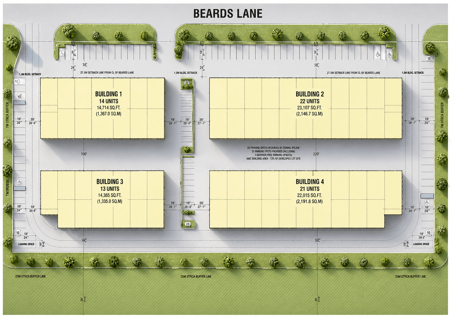 The Bays site plan — 70 units across 4 buildings