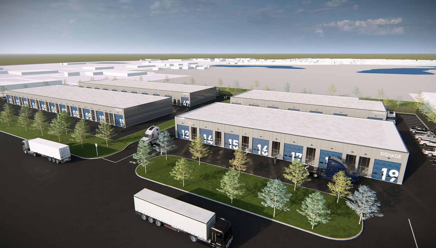 Aerial render of The Bays — four industrial buildings with truck circulation